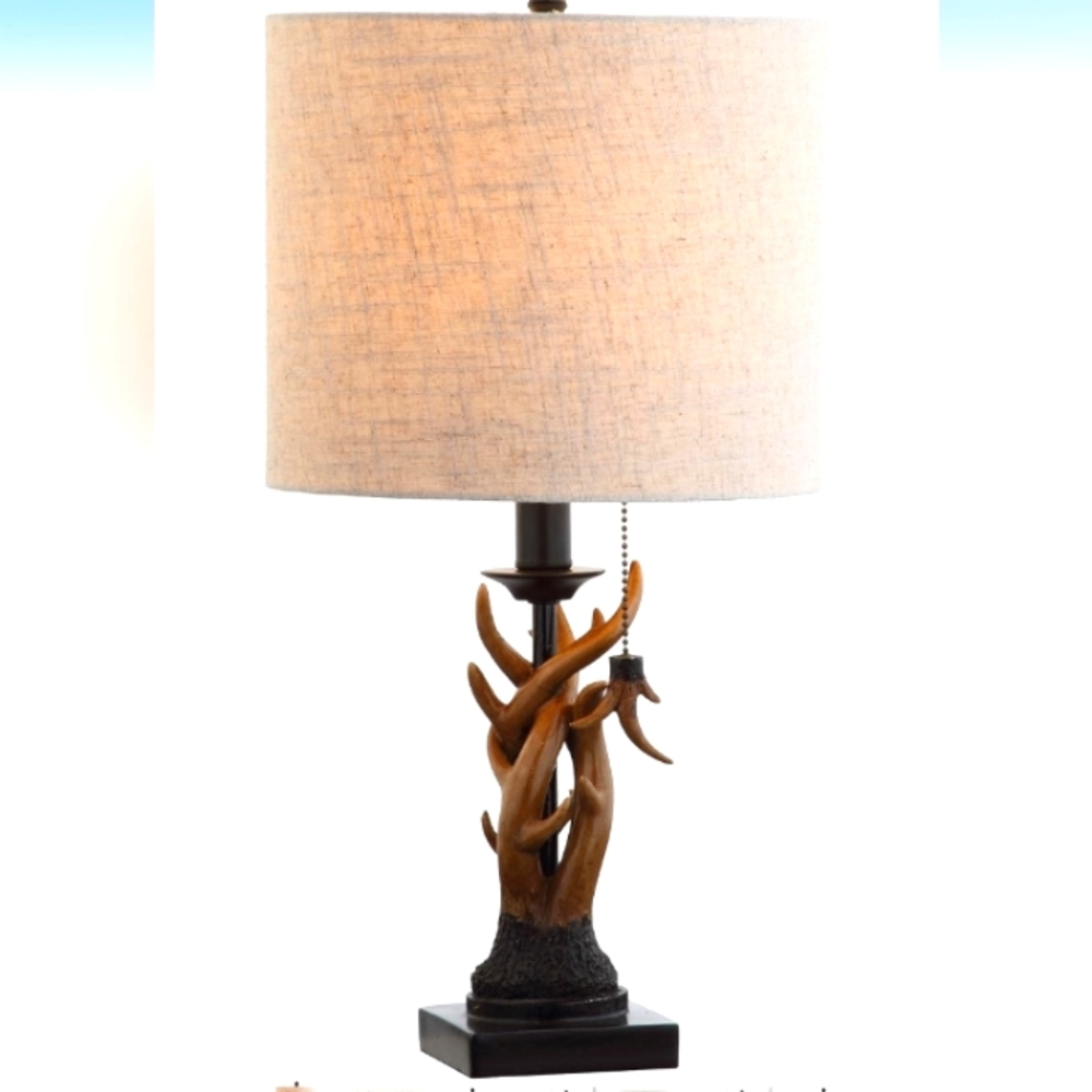 Rustic Antler Table Lamp with Beige Shade